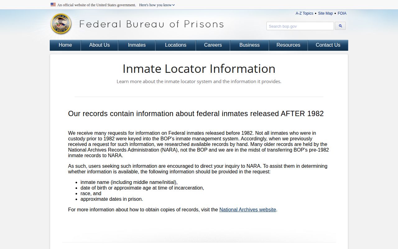 BOP locator field instructions for an FCI Cumberland federal release record