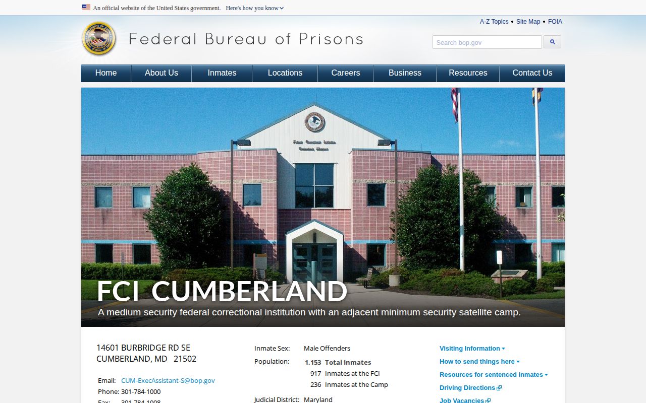 Official FCI Cumberland facility page for federal release verification